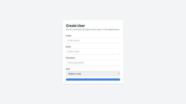 create a create user page for admin dashboards. no sidebar just content ...