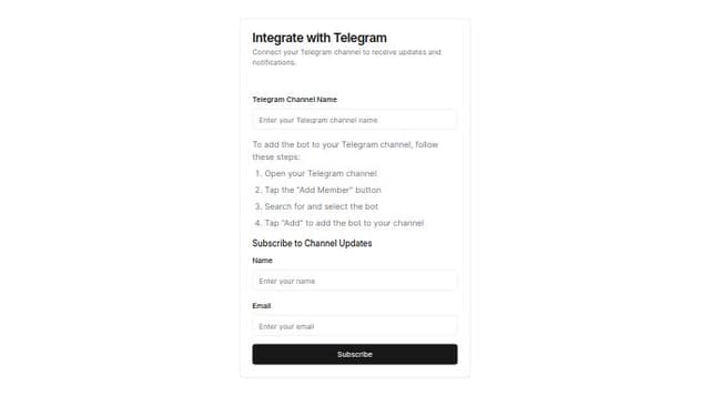 Thumbnail for prompt: telegram chanel integration form steps with chanel name,add bot to chanel and form for subscribers