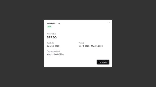 Thumbnail for prompt: create a modal to display some invoice details. it should include a status badge, the price amount. due date, period start and end dates, payment method and a button to pay