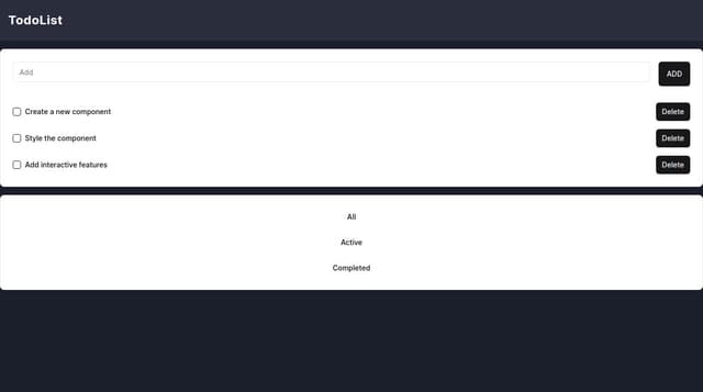 Thumbnail for prompt: todoList page, react with typescript, tsx, styled-component 전체 배경색 #1b1f2b,  맨위 header color : 2a2d3c, text : todoList, 그 밑에 입력공간 , 가운데 텍스트 입력 textarea 배경색 흰색, 글자색 회색, 오른쪽에 add 버튼 빨간색에 흰색글자, text는 ADD, textarea 밑에 빨주노초파남보 색깔 고를 수 있는 선택창, 텍스트창의 절반 크기, 기본으로 빨간색 선택되어 있음. 그밑에는 3개의 버튼, 3개 버튼은 각각 "전체" "진행중" "완료" 라는 텍스트를 가진 버튼. 
