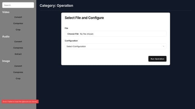 Thumbnail for prompt: Create an electron app with the attached UI. Where the background and sidebar is blurry transparent. The Sidebar contains options for media operations categorized like Video: Convert, Compress, Crop; Audio: Convert, Compress, Extract; Image: Convert, Compress, Crop, etc.

The main window header would show the Category: Operation as title.

The main body will consist of a file selector and configurations to select the file and run the desired operations via ffmpeg (bundled with the electron app).