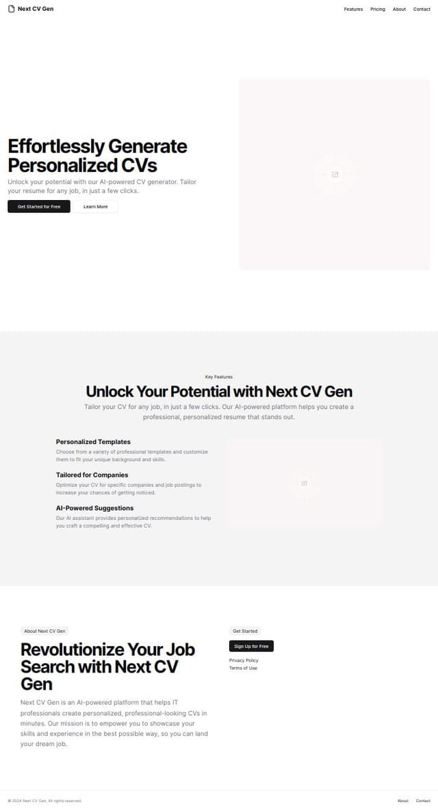 Thumbnail for prompt: create a landing page for my Next CV Gen AI app which also has a sign-up feature and getting started for free with a hero section. This app allows users to sign-up and generate CVs quickly and tailor them for IT professionals, and personalise them for specific companies they are applying for. have a footer with about section and privacy and terms of use. and a logo on top nav bar. 