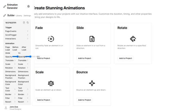 Thumbnail for prompt: The left panel of the interface provides a comprehensive set of tools and options for designing animations on a webpage. At the top, there is a builder tab selected, with the 'Library' and 'Settings' tabs adjacent. Below these, an identifier '1637420791' is visible, indicating a specific project or element. The panel is divided into sections such as 'Trigger' and 'Animation.' In the 'Trigger' section, options for 'Page Events,' 'ScrollTrigger,' and 'Interactions' are available, with the current setting on 'Page Load' and a sub-option to select 'Before Load' or 'After Load.' The 'Animation' section allows detailed customization, with 'FROM' and 'TO' states for defining animation transitions. Specific properties such as 'Opacity,' 'Translate,' 'Scale,' 'Rotation,' 'Dimensions,' 'Background Position,' 'Background Color,' 'Text Color,' 'Border,' 'Filter,' and 'Revert' are listed. The 'Opacity' setting is adjusted to 0.5, indicating a fade-in and out effect. A timeline at the bottom of the 