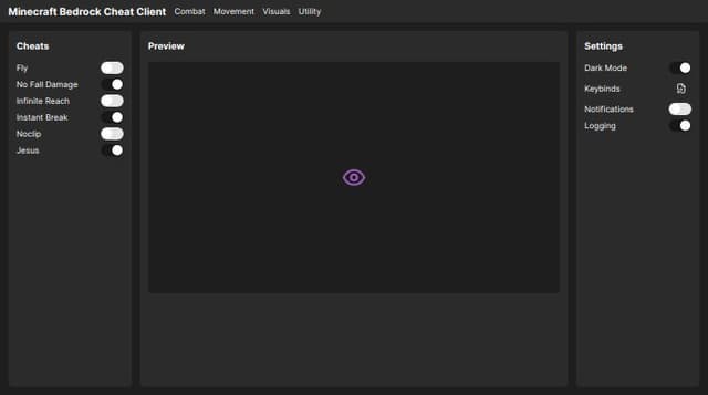 Thumbnail for prompt: Make a UI For a Minecraft Bedrock cheat client