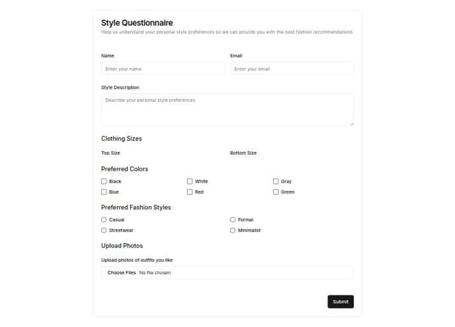 Thumbnail for prompt: stylist questionnaire form with different types of questions (text fields, multiple choices, etc)