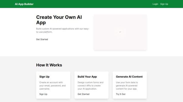 Thumbnail for prompt: Generate a design for an app that lets the user create an AI app. The user can create a custom form and can use the form values in a text prompt generator like variables, then the user will be able to connect multiple types of APIs using button clicks. Start with signup and sign in form