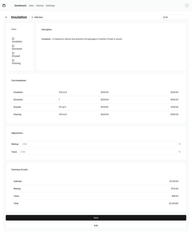 construction estimation software. It includes a top bar for account and ...