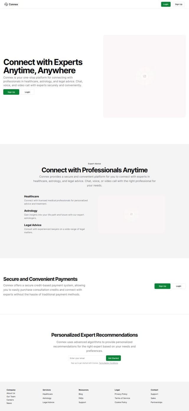 Thumbnail for prompt: AskExpert is a web application that allows users to connect with professionals across various fields, such as healthcare, astrology, and legal advice, through chat, voice, and video calls. It features a secure credit-based payment system, personalized expert recommendations, and an intuitive interface designed for ease of use.

Screens Needed:
Landing Page:

Introduction to the platform
Call-to-action buttons for sign-up and login
User Registration/Login:

Sign-up form
Login form with social media integration