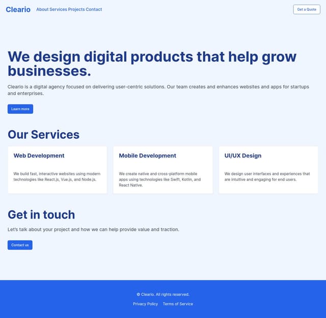 Thumbnail for prompt: a website for digital agency named cleario and have blue color theme 