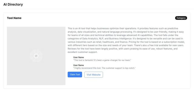 Thumbnail for prompt: an ai directory's tool listing page that shows a 500 - 1000 word description of the tool, its features, categories, pricing, reviews. a claim tool button, a tool that links to the website, a screenshot of the website. 