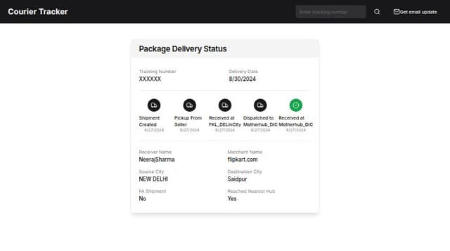 Thumbnail for prompt: {
    "expectedDeliveryDate": 1725009657000,
    "faShipment": false,
    "reachedNearestHub": true,
    "receiverName": "NeerajSharma ",
    "merchantName": "flipkart.com",
    "sourceCity": "NEW DELHI",
    "destinationCity": "Saidpur",
    "shipmentTrackingDetails": [
        {
            "date": 1724747964000,
            "city": "NEW DELHI",
            "statusDetails": "Shipment Created"
        },
        {
            "date": 1724763290000,
            "city": "NEW DELHI",
            "statusDetails": "Pickup From Seller"
        },
        {
            "date": 1724792660000,
            "city": "NEW DELHI",
            "statusDetails": "Received at FKL_DELInCity"
        },
        {
            "date": 1724747993000,
            "city": "Delhi",
            "statusDetails": "Dispatched to Motherhub_DIC"
        },
        {
            "date": 1724792648000,
            "city": "Delhi",
            "statusDetails": "Received at Motherhub_DIC"
        },
        {
          