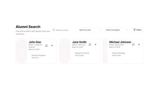 Thumbnail for prompt: Use SHAD CN UI  CardContent,
  CardDescription,
  CardFooter,
  CardHeader,
  CardTitle, , MAP FROM AN ARRAY OF DATA CONTAINING
  id: 1,
      name: "John Doe",
      course: "BTech",
      branch: "Computer Science",
      year: 2018,
      job: "Software Engineer",
      company: "Acme Inc.",
      profileImage: "https://github.com/shadcn.png", // Example image

IF IMAGE NOT PROVIDED USE AVATAR COMPONENT