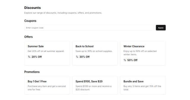 Thumbnail for prompt: I have discount feature, this feature has 3 types:
1. coupon : to get this discount, customers must have a coupon code.
2. offers : discount type for a certain period of time such as Christmas etc.
3. promotion : to get this discount, there are conditions that customers must fulfill, the system is like buy 1 get 1 or buy 2 get 50% off

give me best ui to displaying these discounts