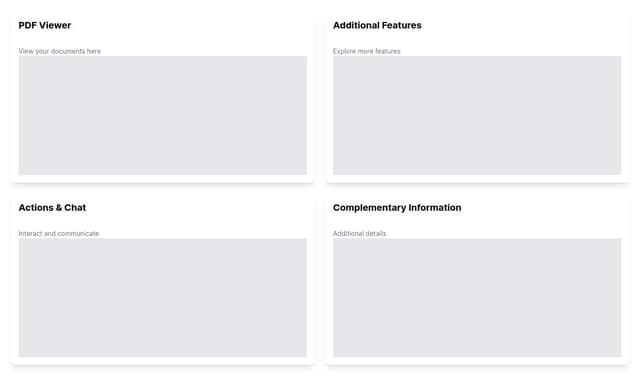 Thumbnail for prompt: Bento Grid design, 2x2 layout
PDF viewer top-left, actions/chat bottom-left
Additional features top-right, bottom-right
Consistent spacing, padding, margins
Modern color scheme, light background, contrasting rectangles
Responsive PDF viewer, minimal controls
Organized actions, chat interface, clean design
Complementary information in additional rectangles
Responsive adaptation, single-column on small screens
Whitespace, minimalism, avoid clutter
Smooth transitions, interactions, visual feedback
Clean typography, intuitive iconography
Visually appealing, organized, user-friendly
Focus on usability, clarity, and simplicity