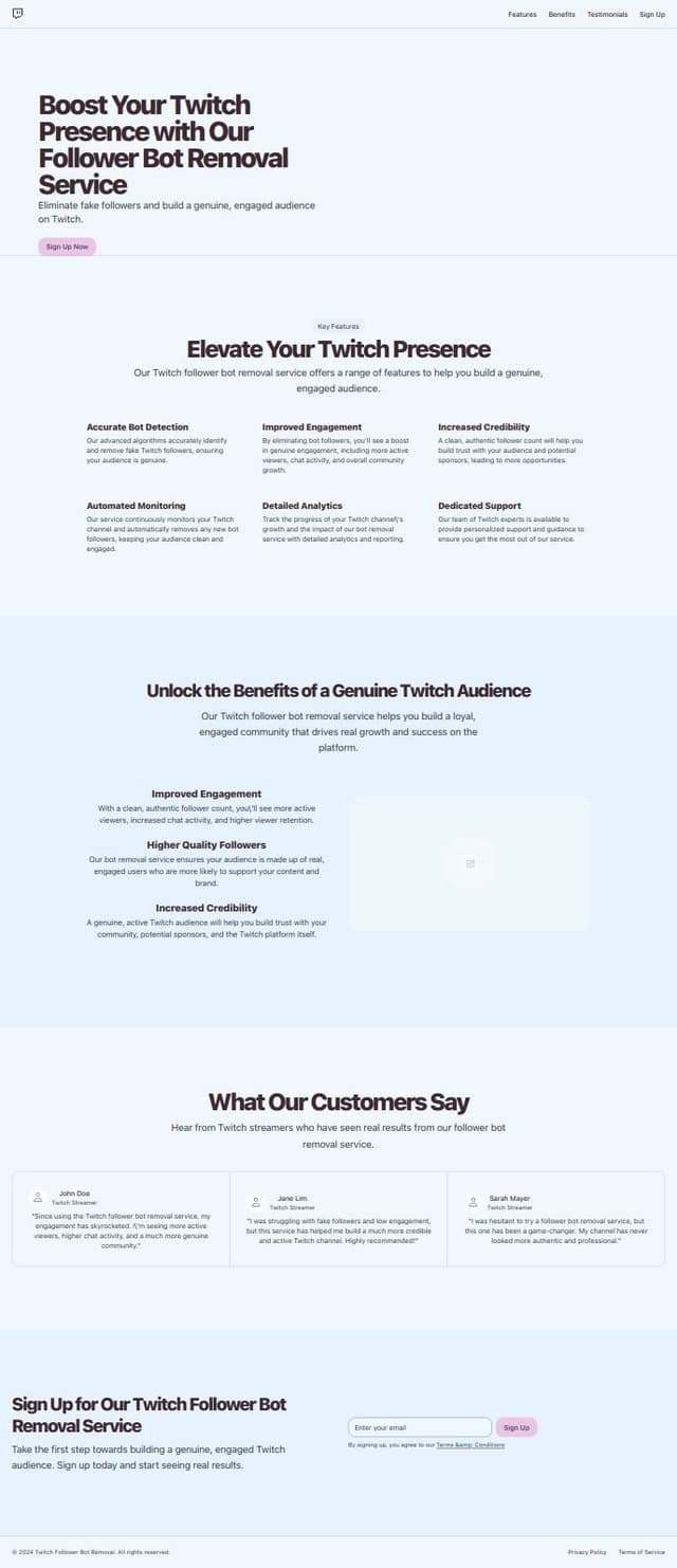 Thumbnail for prompt: Create a landing page for a twitch follower bot removal service