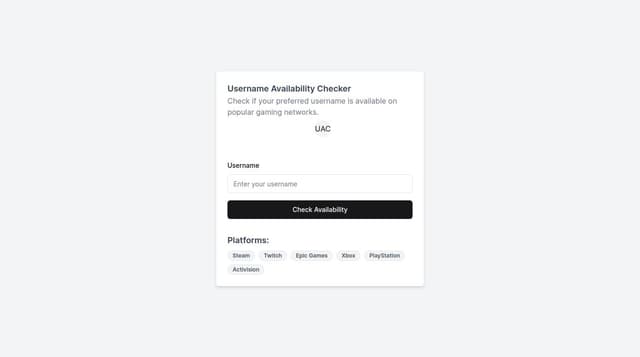 Thumbnail for prompt: A username checker website to see if a username is available on gaming network websites like steam, twitch, kick, epic games, Xbox, playstation, activision
