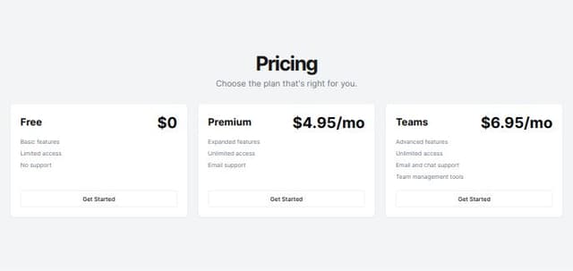 Thumbnail for prompt: build a pricing section of three prices, one free one premium and one for teams. They all have some features, prices are Free, 4.95/month and 6.95/month