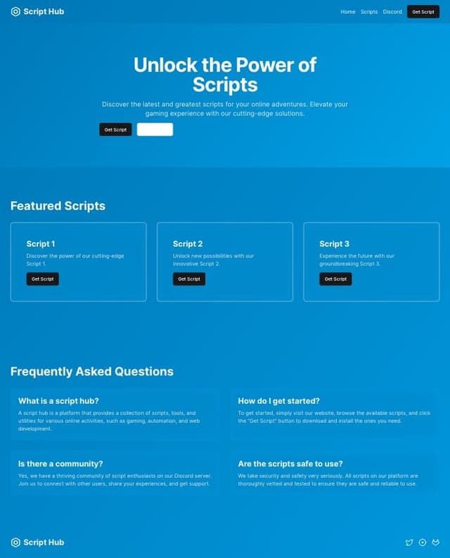 Thumbnail for prompt: Make Me A Script-Hub Website Make It 3D, Futuristic, Modern, Tech, Cyber, Modern the hero landing page and 3D Blue And Blue Gradient Theme Neon Light and stylish and futuristic, modern, tech, cyber, modern buttons and stuff and mobile size and three lines button and containing a gui that makes a right slide and right slide back animation containing get script, home, discord, and x button and feature cards and FAQ And Footer and social media and social media logo