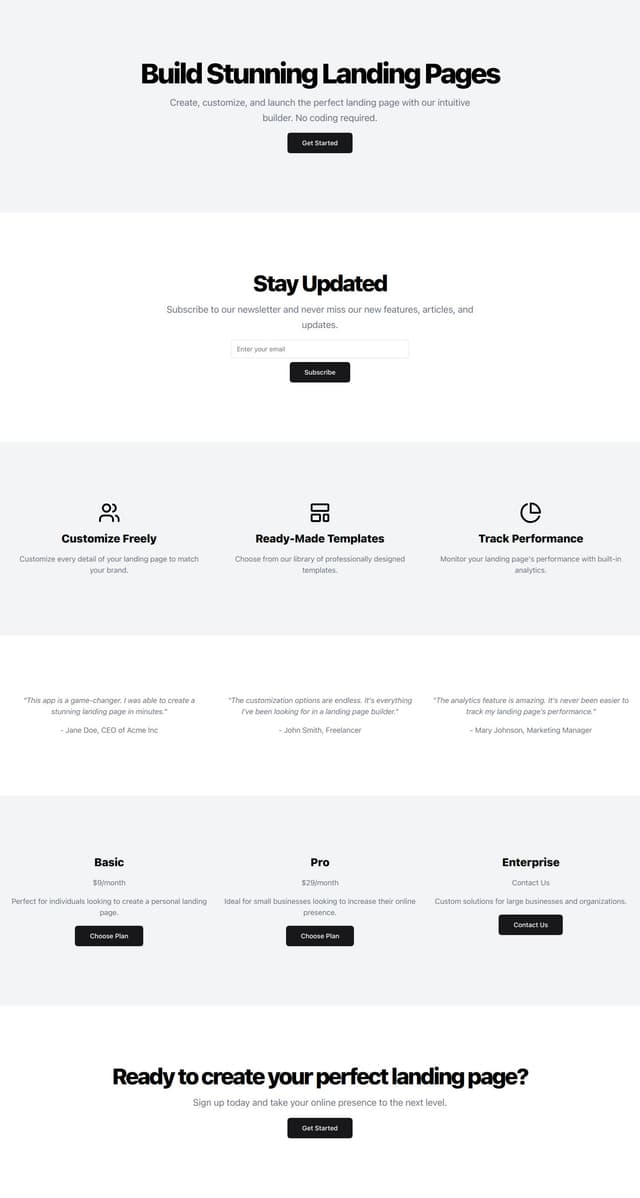 Thumbnail for prompt: create a landing page for a landing page builder web app use the best marketing copy include sections such as hero, newsletter, cta, images with text etc. make your best marketing sections, create 6 different sections.