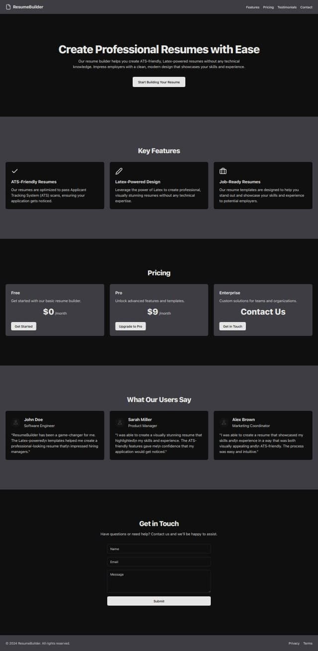 Thumbnail for prompt: Create a sleek, dark-mode landing page for a ats friendly latex resume-building app. Focus on ease of use, helping users create professional, job-ready resumes without requiring technical knowledge like LaTeX.