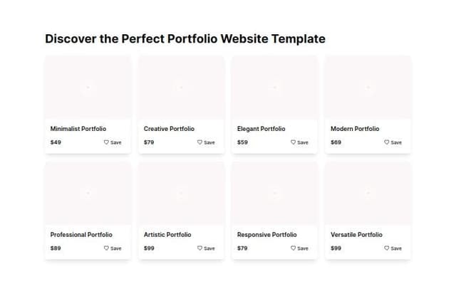 Thumbnail for prompt: create website design that have home page full of template of portfolio website template with price tag description and save button