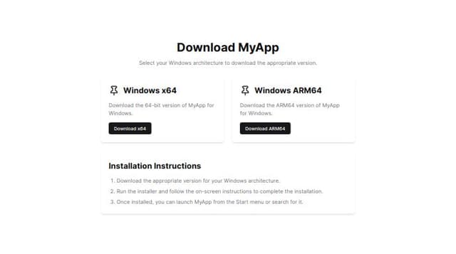 Thumbnail for prompt: A nice download page showing how to download MyApp for Windows to either an x65 or arm64 architecture