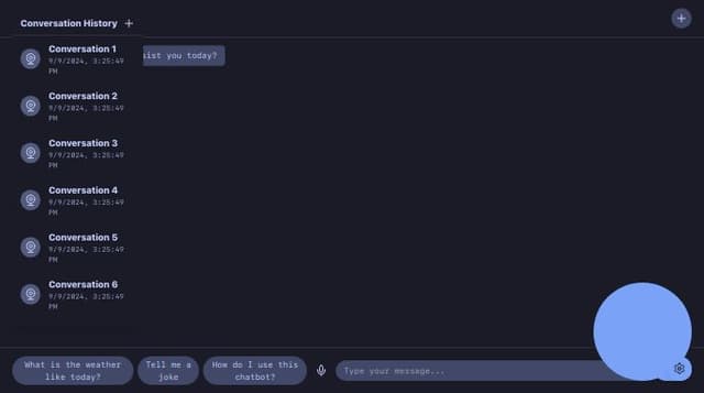 Thumbnail for prompt: Design a sleek, minimalist chatbot interface with a dark mode aesthetic. The main feature is a floating chat window that seamlessly expands and collapses. Include a pulsating 'AI thinking' animation while responses are generated.

Implement smart input suggestions that appear as chips above the text input field. Add a voice input option with a subtle sound wave visualization.

For user messages, create speech-bubble-style messages that softly pop into view. AI responses should materialize with a typewriter effect, character by character.

Include a sidebar for conversation history, using infinite scroll and thumbnail previews of each chat. Add a 'quick actions' floating button that expands into a radial menu for settings, new chat, save, and share options.

Incorporate subtle micro-interactions throughout, like gentle bounces on button presses and smooth transitions between screens. Use a modern, sans-serif font and a color scheme based on deep blues and purples with accents of neon fo