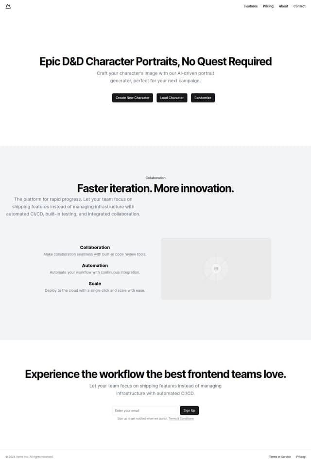 Thumbnail for prompt: change "Beautifully designed components that you can copy and paste into your apps. Accessible. Customizable. Open Source." to "Craft your character's image with our AI-driven portrait generator, perfect for your next campaign." add three button cta " create new character" "load character" "randomize"