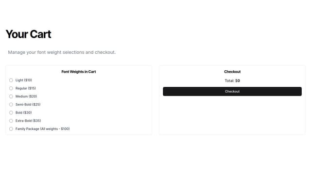Thumbnail for prompt: make all the options via radio button, for the fon-weights apply a cost and a total and prices changes including for a family package for all weights combined.