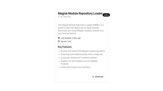 Thumbnail for prompt: magisk module repo loader (mmrl) card with last updated and features display. the card also should contain author, description, version code and name and the module name