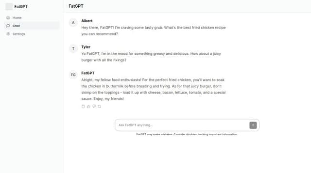 Thumbnail for prompt: A frontend for ChatGPT called FatGPT that is food-and-grubby themed and features image placeholders that would be of fat characters (give them names such as "Albert" and "Tyler")