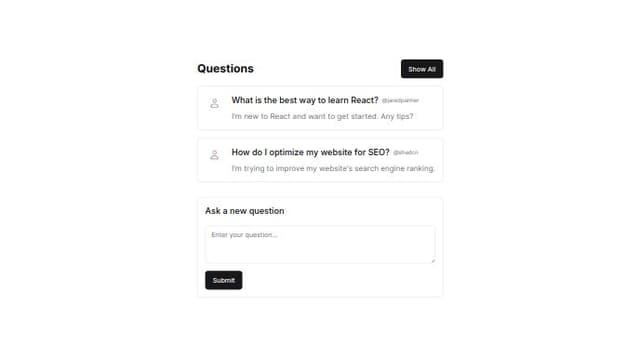 Thumbnail for prompt: 'use client'

import { useState, useEffect } from 'react'
import { motion, AnimatePresence } from 'framer-motion'
import { Card, CardContent, CardDescription, CardFooter, CardHeader, CardTitle } from "@/components/ui/card"
import { Input } from "@/components/ui/input"
import { Button } from "@/components/ui/button"
import { CheckCircle } from 'lucide-react'
import { Avatar, AvatarFallback, AvatarImage } from '@/components/ui/avatar'
import { RainbowButton } from "@/components/magicui/rainbow-button"
import Link from 'next/link'

export default function CombinedQuestionCards() {
  const [showAll, setShowAll] = useState(false)
  const [showQuestionForm, setShowQuestionForm] = useState(false)
  const [question, setQuestion] = useState('')
  const [showConfirmation, setShowConfirmation] = useState(false)
  const [placeholderIndex, setPlaceholderIndex] = useState(0)
  const [cards, setCards] = useState([
    {
      id: 1,
      question: "What's been your favorite trip of 2024 so far? ✈️",