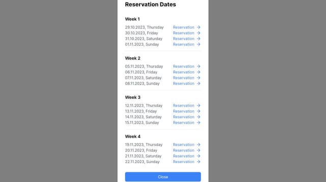 A modal that contains a list of the dates of the next four weeks ...