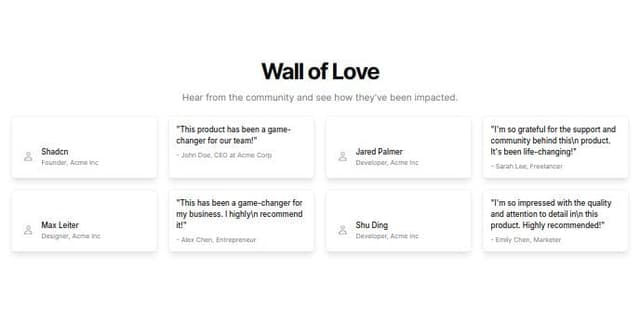 Thumbnail for prompt: create a wall of love like buymeacoffee.com, with a mix of videos, messages, audios