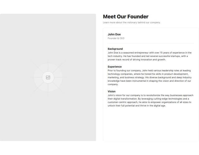 Thumbnail for prompt: A meet our founder page with founders image on the left and the bio to the right which should be scrollable