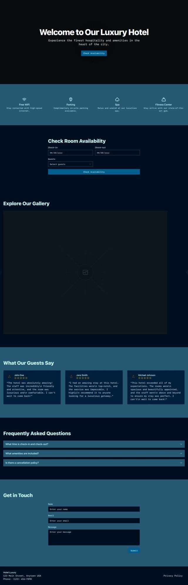 Thumbnail for prompt: a landing page of hotel website with hero section, amenities section, check availibilty of rooms section, gallery section, customer reiview section, faq section, contact us section and a footer