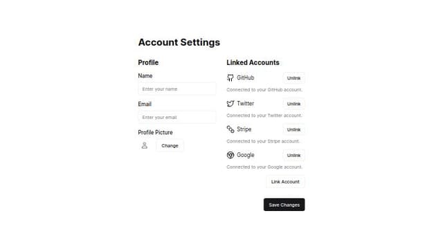 Thumbnail for prompt: Make Linked Accounts secction only list currently linked and put the Link another/new account in a modal triggered by a "link Account" button