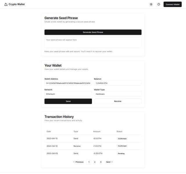 Thumbnail for prompt: Create a single page web based wallet for Solana and Etherium, starting for Seed phrase generation page to wallet page and for futuer if i want to add transiction history and check balance by providing key.