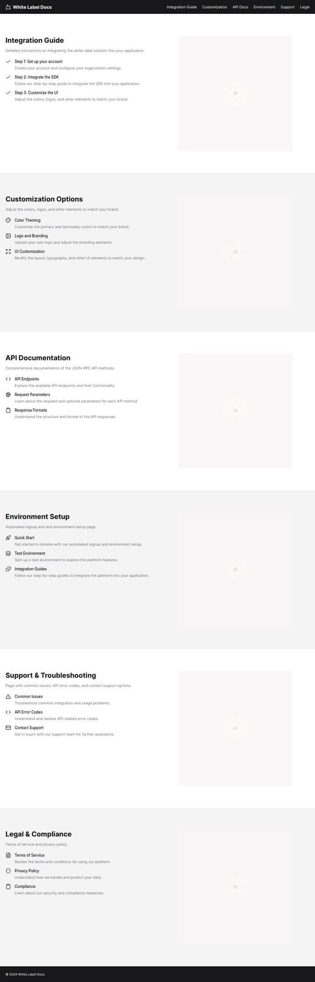 Thumbnail for prompt: design a home page that cover Integration Guide: Detailed instructions on integrating the white label solution. (Documentation Ash)

Customization Options: Section for adjusting colors and other customizable elements. (Gia)

API Documentation: Comprehensive documentation of the JSON-RPC API methods. (Ash)

Environment Setup: Automated signup and test environment setup page. (Gia/Lio)

Support & Troubleshooting: Page with common issues, API error codes, and contact support options. (Lorem)

Legal & Compliance: Terms of service and privacy policy. (Lorem)