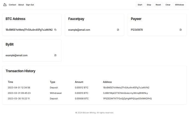 Thumbnail for prompt: How to make  website add
mining
 Bitcoin program 
0.00012MH/s
Star stop reset Seve clear 
Howe withdraw contact from about  sign out 
Login register 
E-mail or username 
Password 
Hcaptcha 
Login
Full name 
Username 
E-mail 
Password 
Hcaptcha 
Light  interface 
BTC address: change 
Faucetpay:change
Payeer:change
By bit:change
To BTC address 
To faucetpay 
To payeer
To by bit
Time:
Type:
Amount:
Address:
Will be sent util