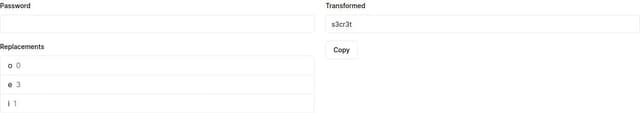 Thumbnail for prompt: A password mangler with input for password and display for result on the right with a list called replacements on the left.