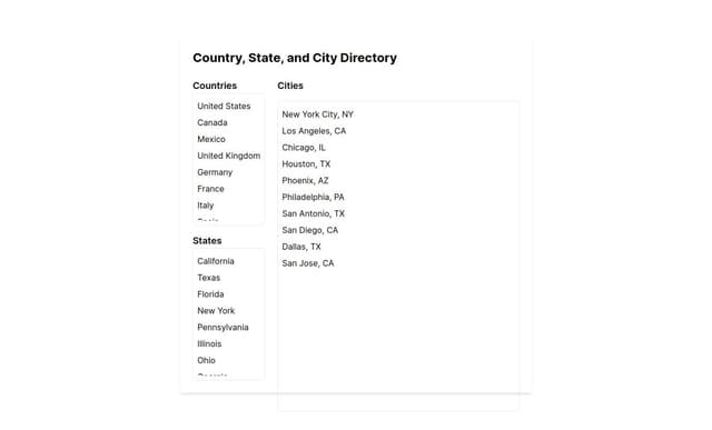 Thumbnail for prompt: Move this to right and make the page to full width, show country,state and city in parallell to each other.