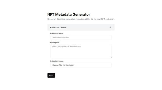 Thumbnail for prompt: A opensea meta data standard JSON forum generator form, multi step wizard to create NFT collection