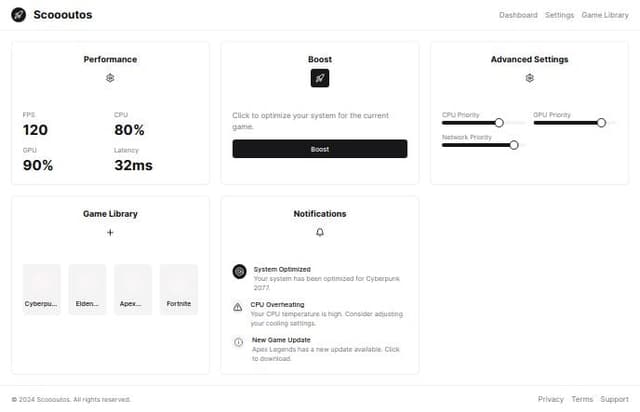 a game booster ui nammed of scoooutos | A shadcn/ui and v0 generation - v0