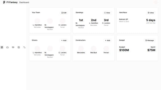 Thumbnail for prompt: A dashboard for a formula 1 fantasy sports game