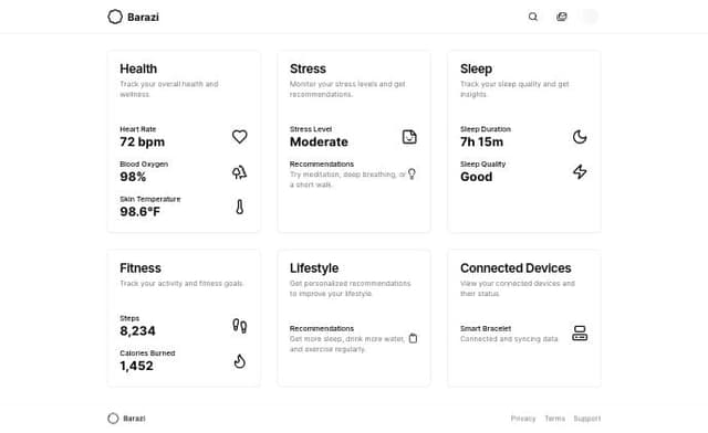 Thumbnail for prompt: app Named Barazi with B logo app, a app like whoop, can track your your healt, stress,sleep,fitness,Blood Oxygen Levels (SpO2),Skin Temperature, and give you feedback and Recoveryabout what you can do better to better lifestyle with a device smart bracelet . you can log ind with gmail. 