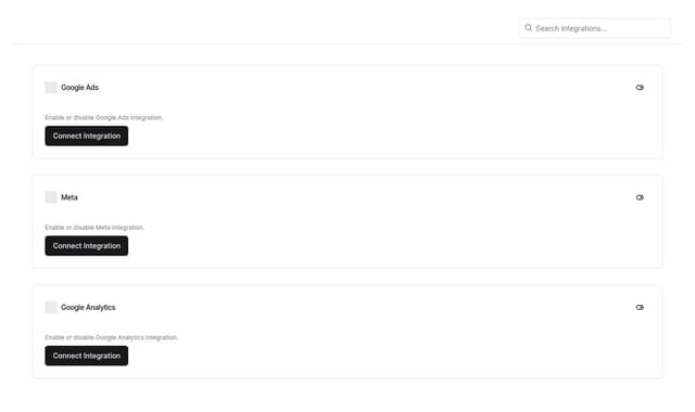 Thumbnail for prompt: each integration is a card with status, logo, title, description and cta to connect integration 