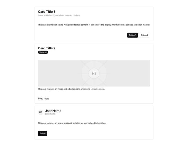 Thumbnail for prompt: different card layouts using the shadcn card component