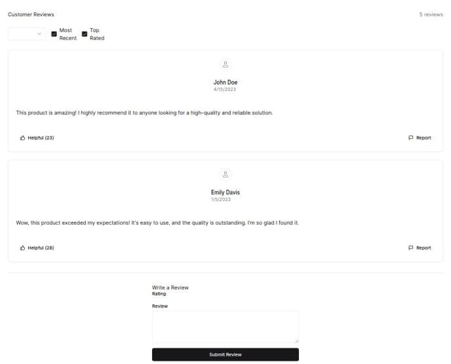 Thumbnail for prompt: Create a reviews page UI using ShadCN components to display and interact with customer feedback. At the top, add a Heading component titled "Customer Reviews" with an average rating displayed using a Rating component and the total number of reviews. Below, include a Filter section with Select components for sorting by date, rating, or helpfulness, and Checkbox components for filtering by categories like "Most Recent" or "Top Rated." Display reviews in a List with each review as a Card showing the user’s name, profile picture, star rating, review text, and "Helpful" and "Report" Buttons. Use Accordion components for additional details and a Form at the bottom for submitting new reviews.