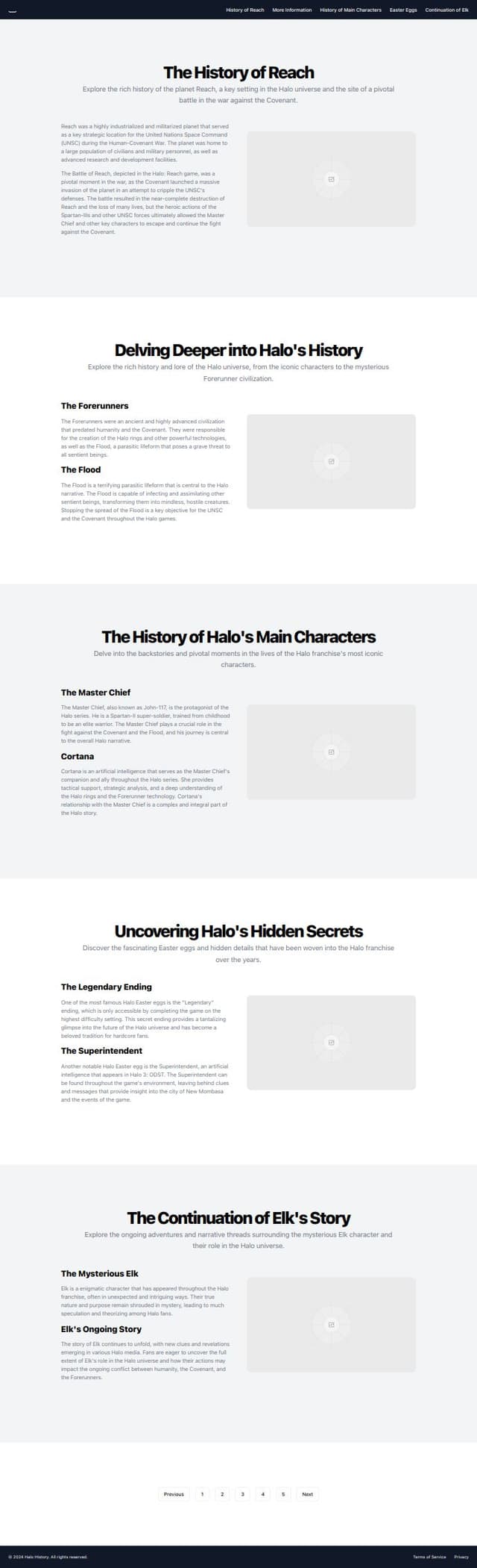 Thumbnail for prompt: there are 5 web pages that will be inside of a hecer which are the history of Reach, More information, History of the main characters of the game, istereg or easter hubos and continuation of elk and its other stories.